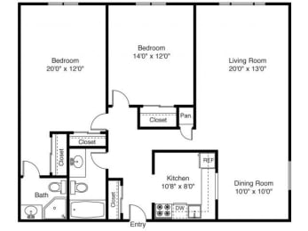 Taymil East Shore Apartment Homes 2 Bedroom 2 Bathroom Floor Plan